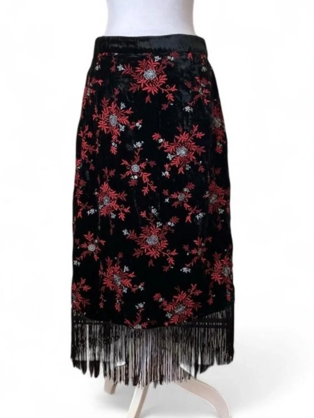 Maeve by Anthropologie Black Velvet Red Floral Embroidery Pencil Fringe Skirt - Picture 3 of 13